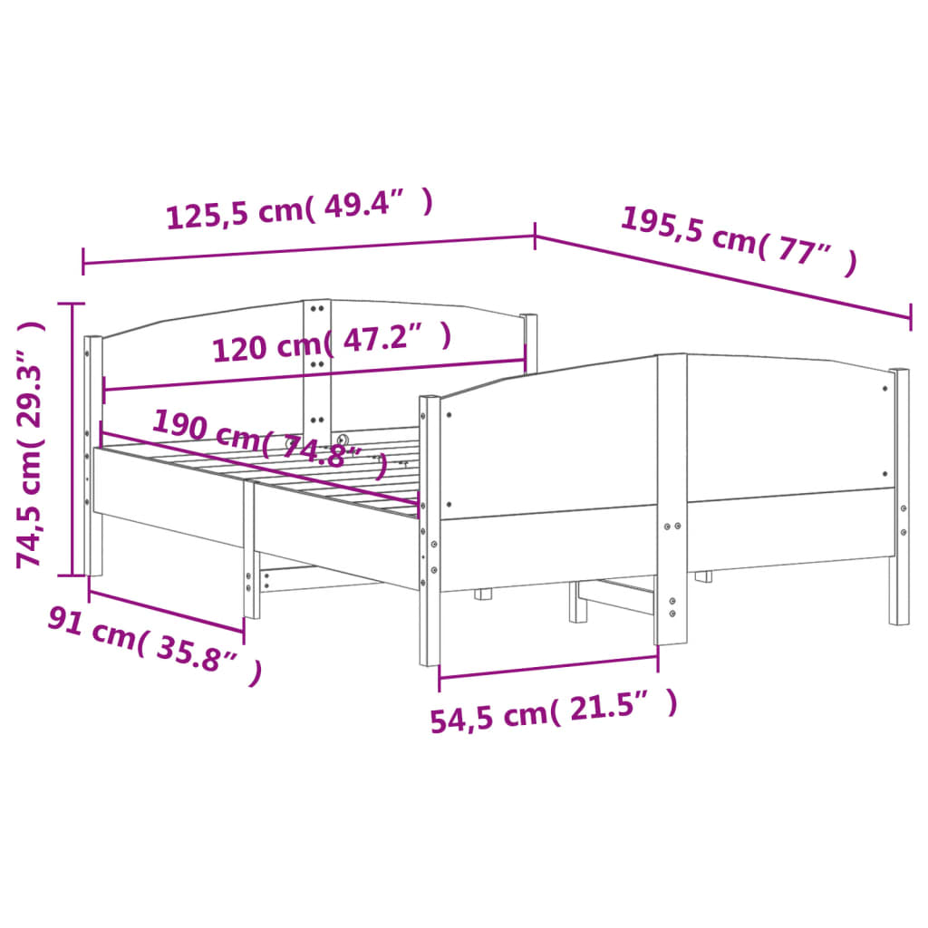 Letto senza Materasso Bianco 120x190 cm Legno Massello di Pino