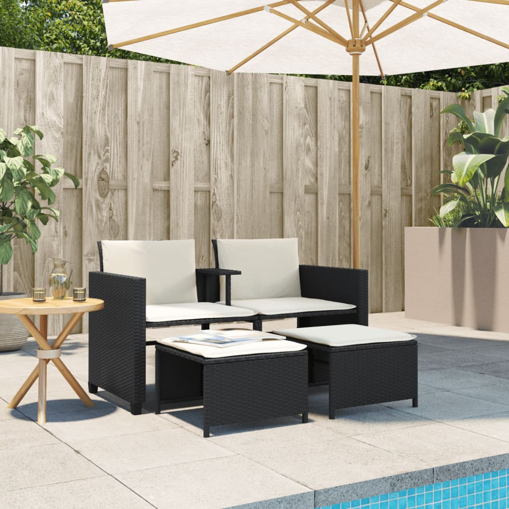Divano Giardino 2 Posti con Tavolo e Sgabelli Nero Polyrattan - homemem39