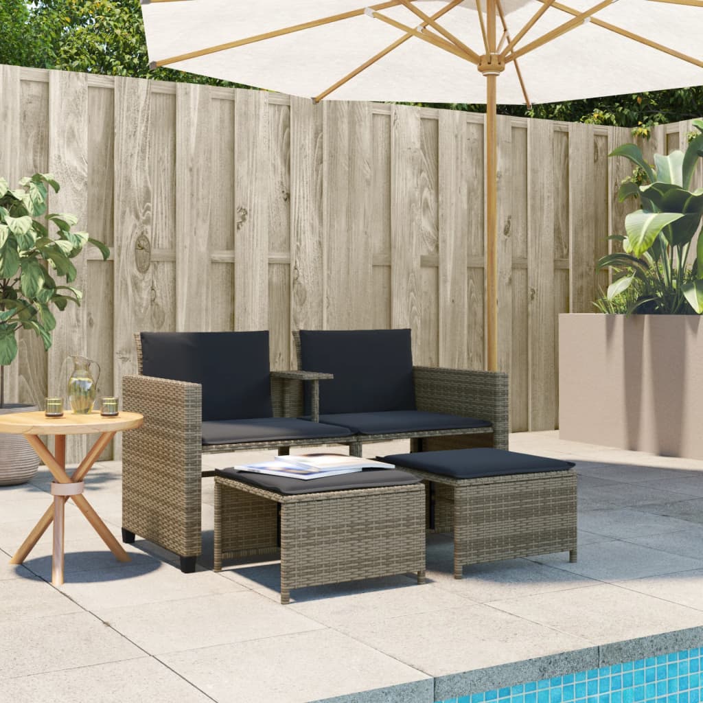 Divano Giardino 2 Posti con Tavolo e Sgabelli Grigio Polyrattan | homemem39