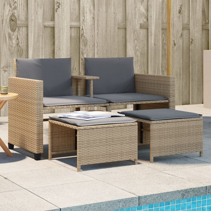 Divano Giardino 2 Posti con Tavolo e Sgabelli Beige Polyrattan - homemem39