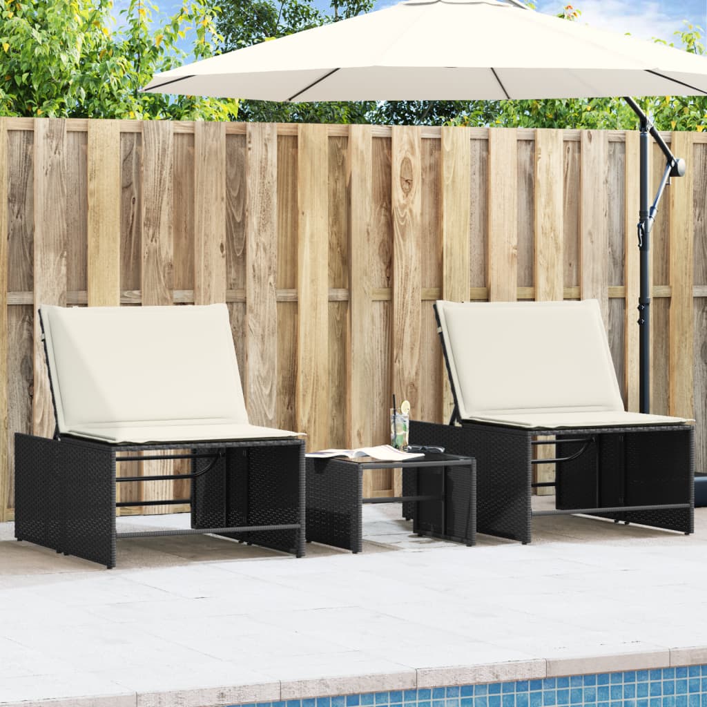 2 pcs Sun Loungers with Black Polyrattan Table