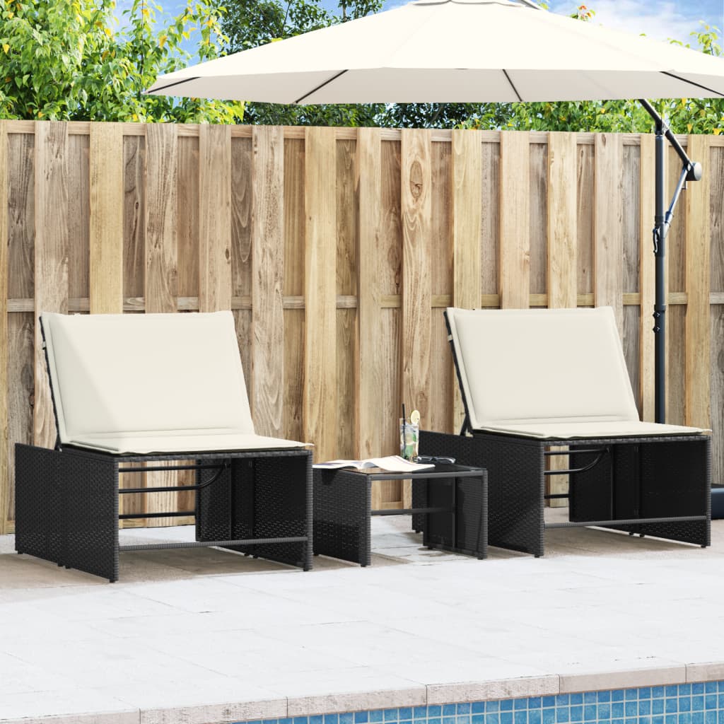 Lettini prendisole modulari 2 pz con tavolo nero in polyrattan - homemem39