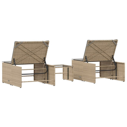 2 pcs Sun Loungers with Beige Polyrattan Table