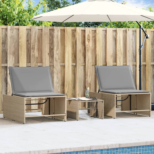 2 pcs Sun Loungers with Beige Polyrattan Table