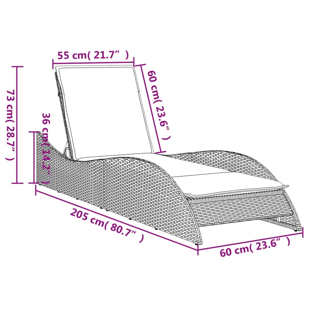 Sun lounger with black cushion 60x205x73 cm in polyrattan