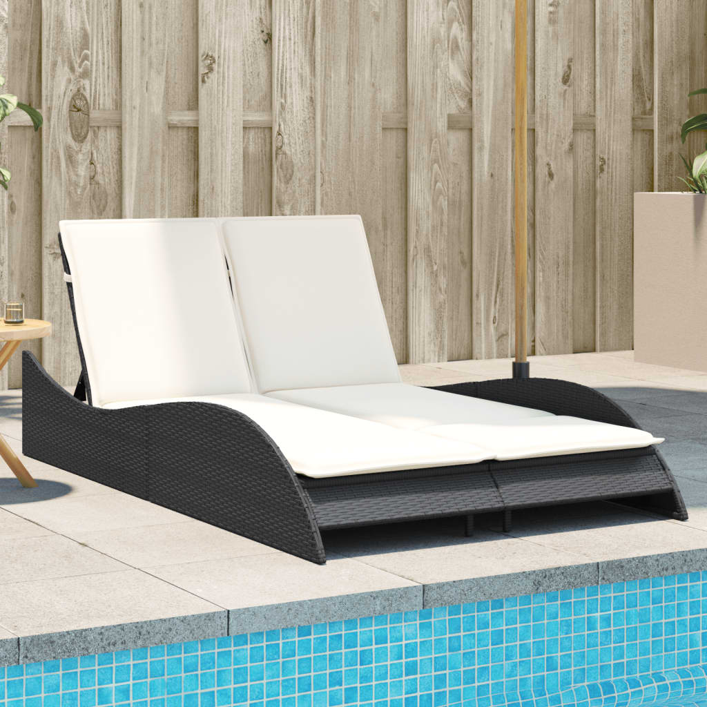 Black Sun Lounger with Cushions 114x205x73 cm in Polyrattan