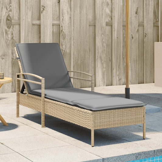 Sun lounger with Beige Cushion 63x200x81 cm in Polyrattan