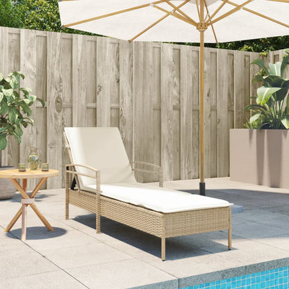 Sun lounger with Beige Cushion 63x200x81 cm in Polyrattan