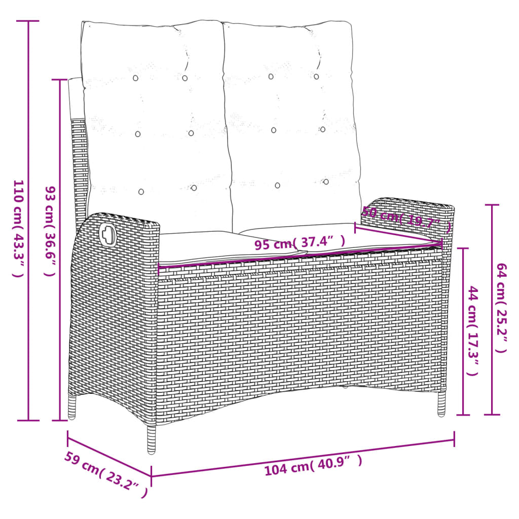 Panca Reclinabile da Giardino con Cuscini Beige in Polyrattan