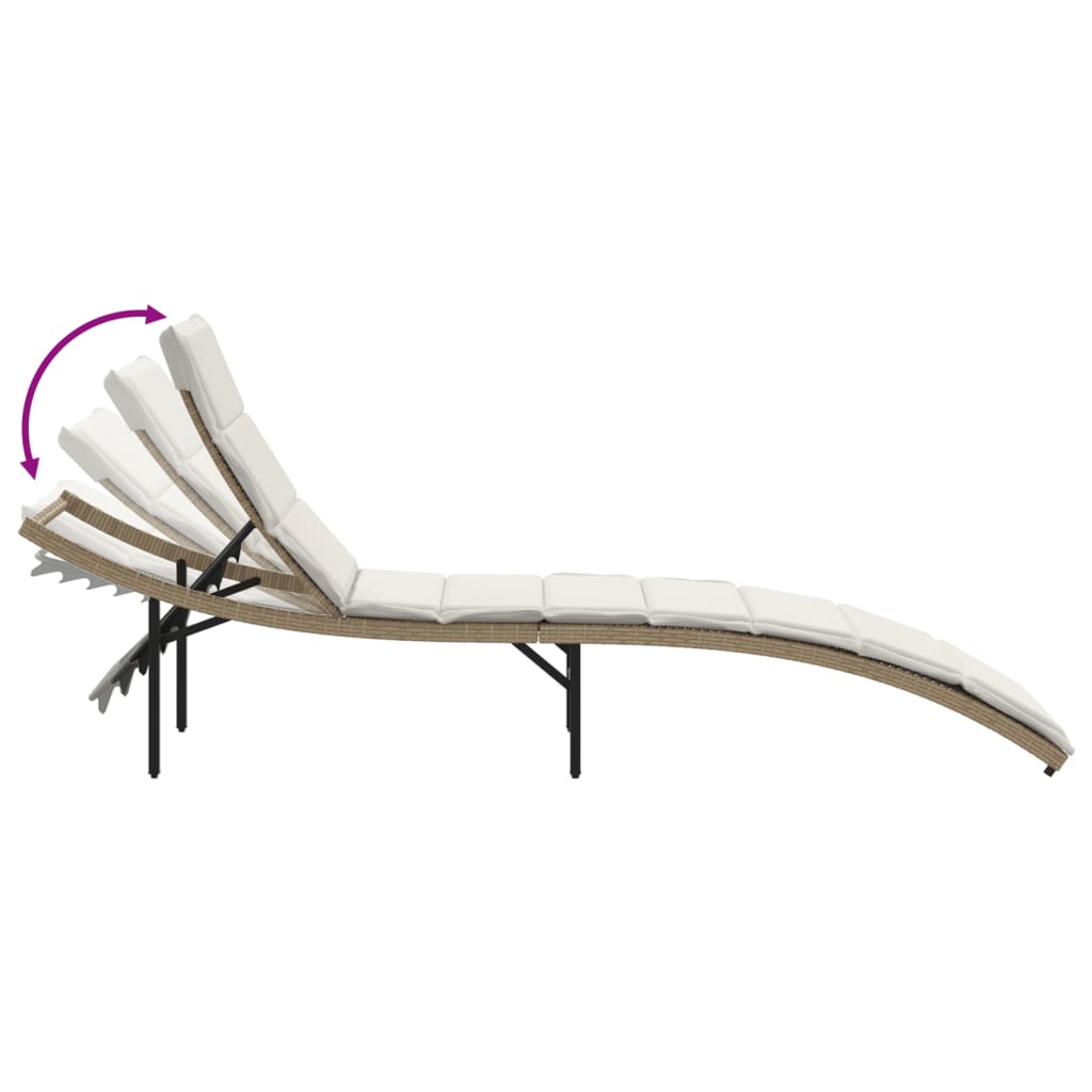 Sun lounger with Beige Cushion 55x199x50 cm in Polyrattan