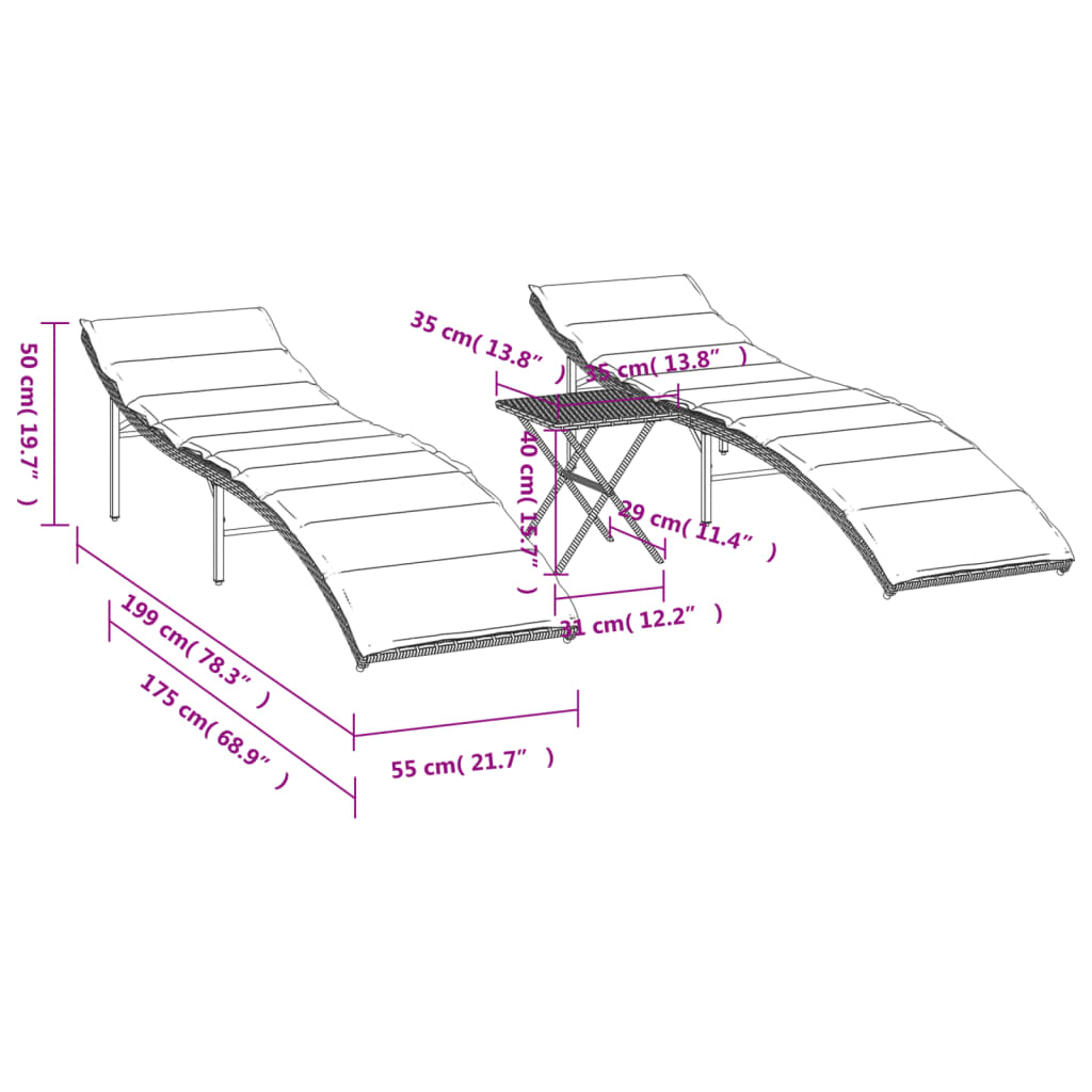 Lettini Prendisole 2 pz con Tavolino Nero in Polyrattan