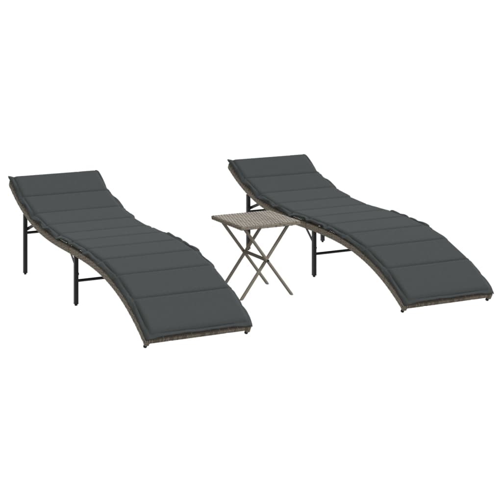 2 pcs Sun Loungers with Gray Polyrattan Table