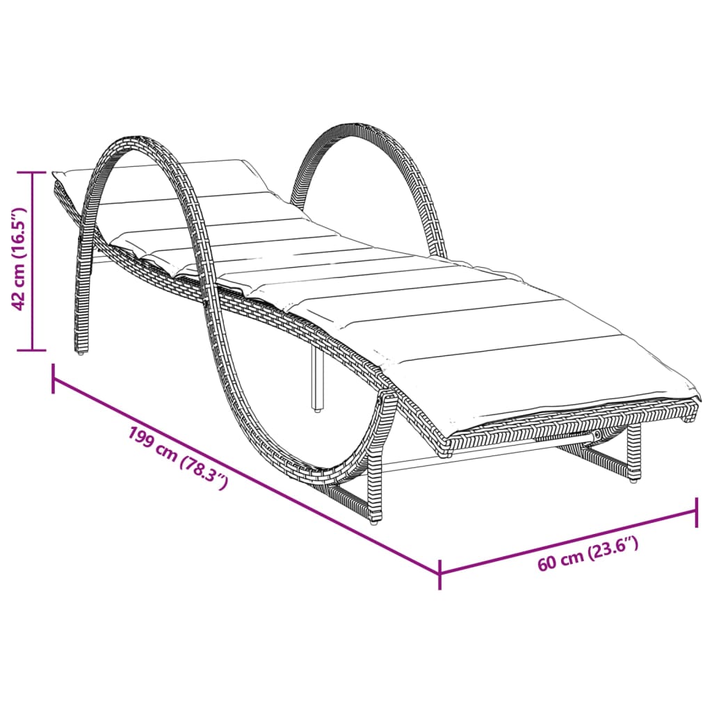 Lettino Prendisole con Cuscino Grigio 60x199x42cm in Polyrattan