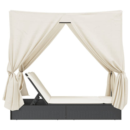 Lettino Prendisole con Tetto e Tende Nero in Polyrattan - homemem39