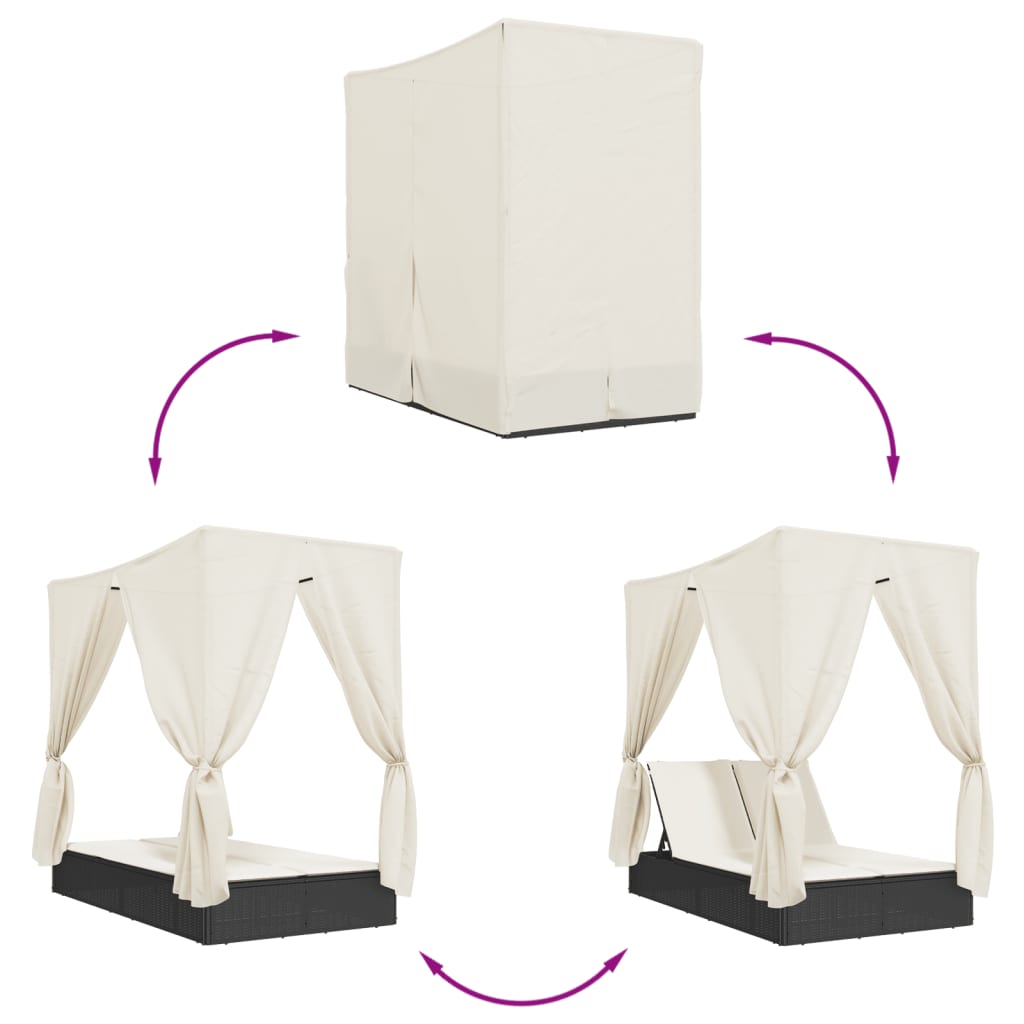 Lettino Prendisole con Tetto e Tende Nero in Polyrattan - homemem39