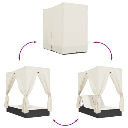 Lettino Prendisole con Tetto e Tende Nero in Polyrattan - homemem39