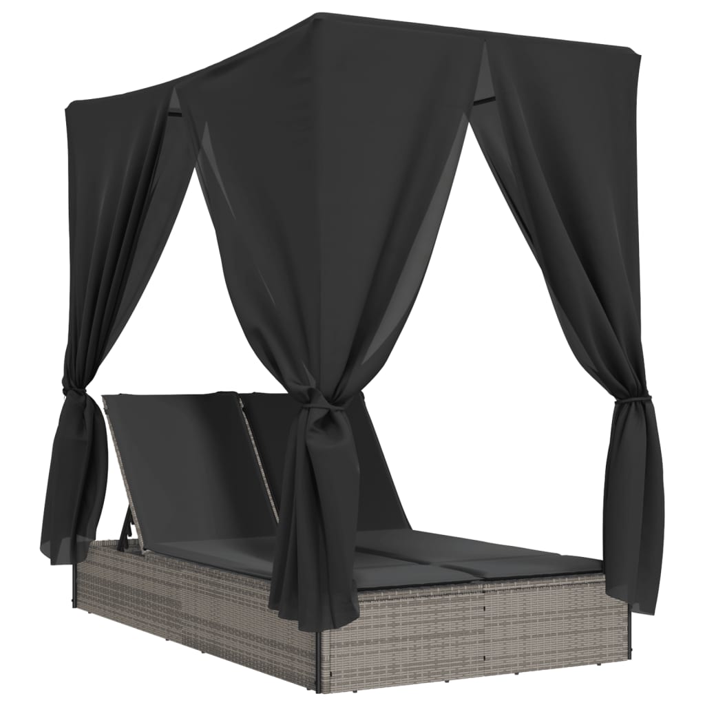 Lettino Prendisole Doppio Tetto e Tende Grigio in Polyrattan - homemem39