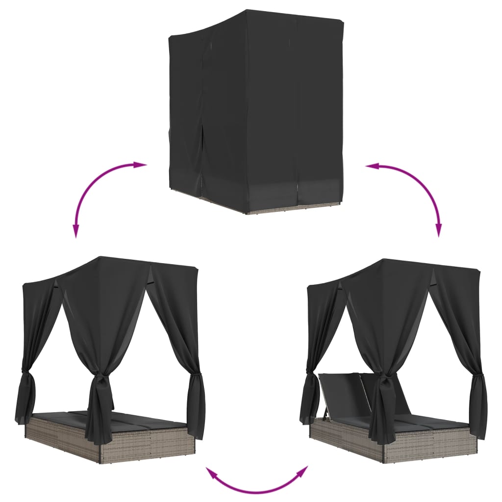 Lettino Prendisole Doppio Tetto e Tende Grigio in Polyrattan - homemem39