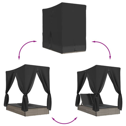 Lettino Prendisole Doppio Tetto e Tende Grigio in Polyrattan - homemem39