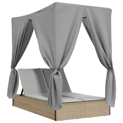 Lettino Prendisole con Tetto e Tende Beige in Polyrattan - homemem39