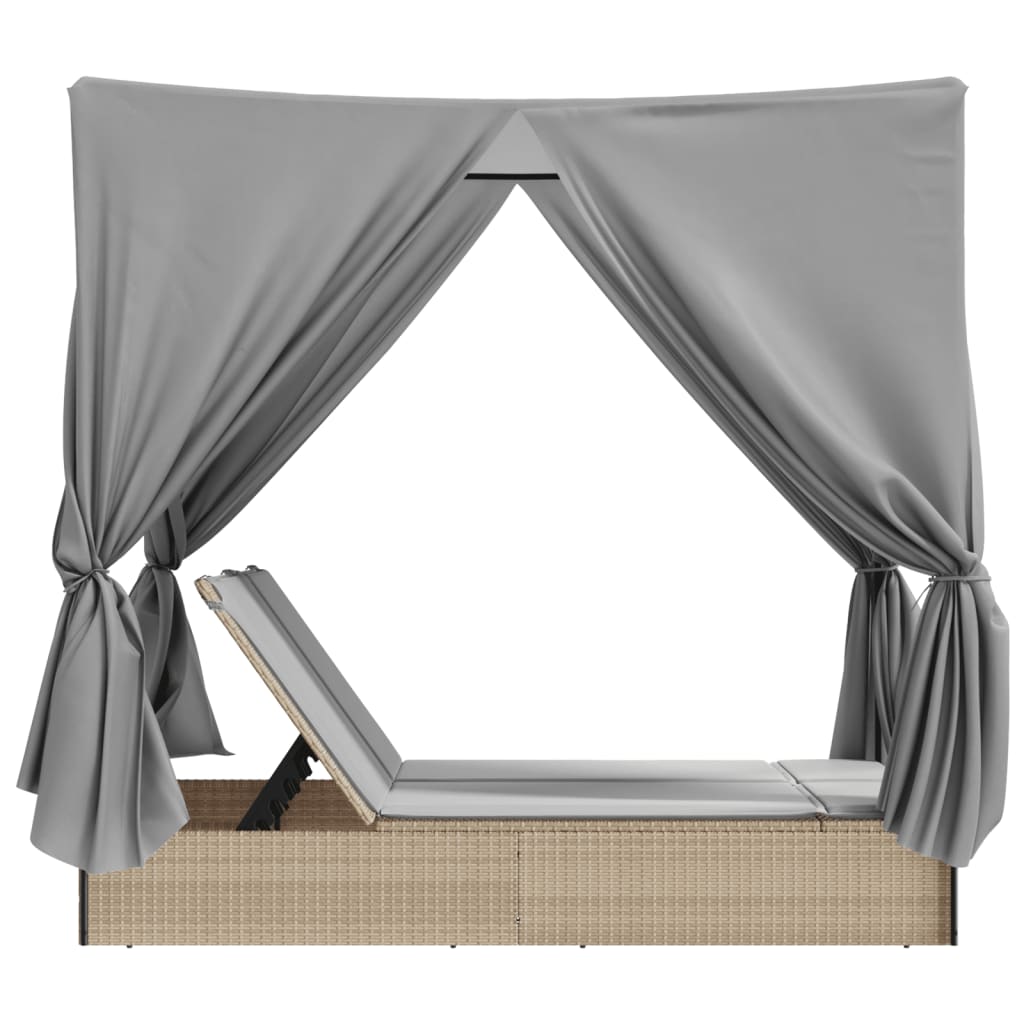 Lettino Prendisole con Tetto e Tende Beige in Polyrattan - homemem39