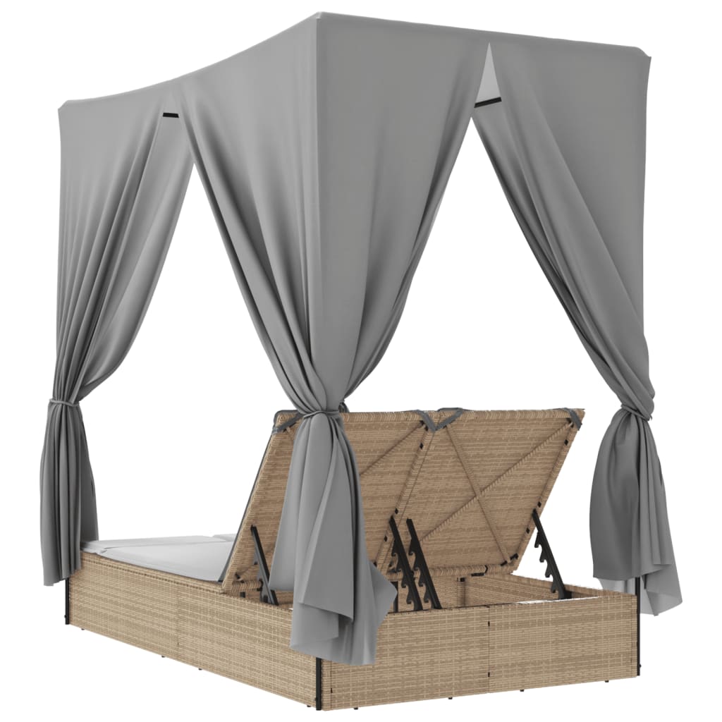 Lettino Prendisole con Tetto e Tende Beige in Polyrattan - homemem39