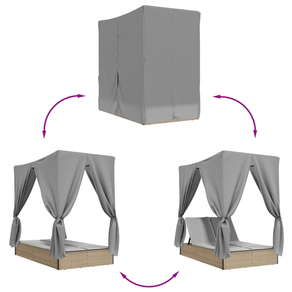 Lettino Prendisole con Tetto e Tende Beige in Polyrattan - homemem39