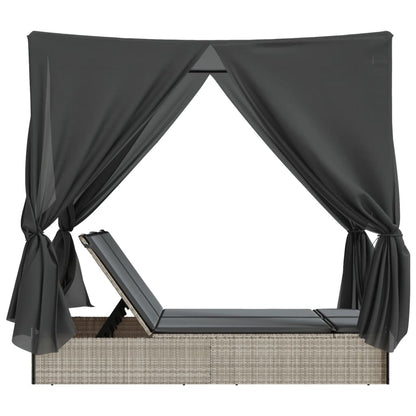 Lettino Prendisole Tetto e Tende Grigio Chiaro in Polyrattan - homemem39