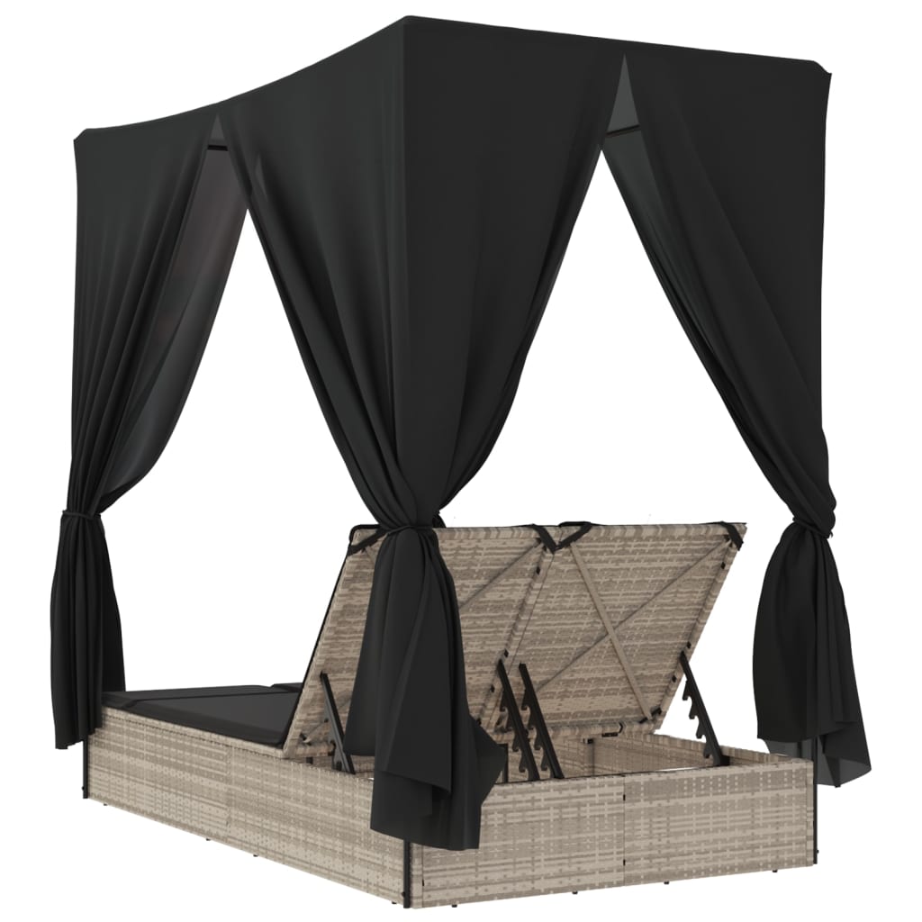 Lettino Prendisole Tetto e Tende Grigio Chiaro in Polyrattan - homemem39