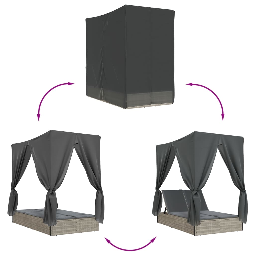 Lettino Prendisole Tetto e Tende Grigio Chiaro in Polyrattan - homemem39