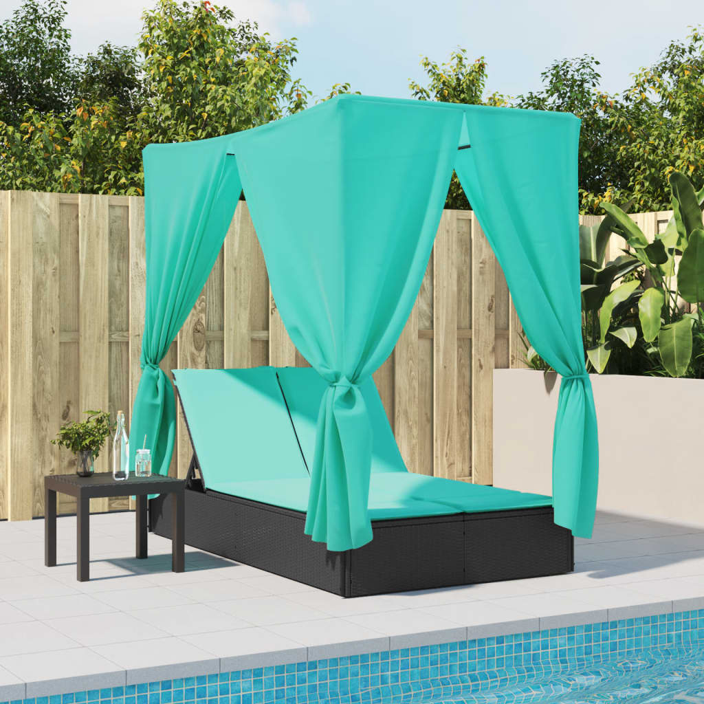 Lettino Prendisole con Tetto e Tende Nero in Polyrattan