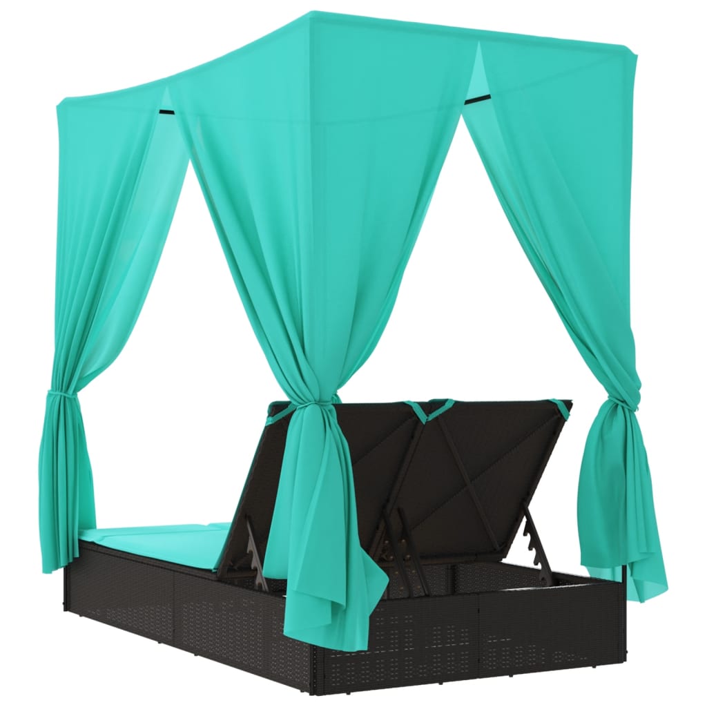 Lettino Prendisole con Tetto e Tende Nero in Polyrattan | homemem39