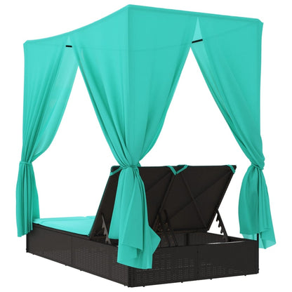 Lettino Prendisole con Tetto e Tende Nero in Polyrattan | homemem39