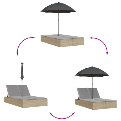 Lettino Prendisole Doppio Cuscini e Parasole Beige Polyrattan - homemem39