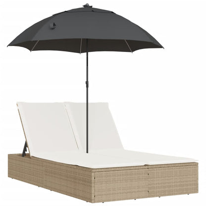 Lettino Prendisole Doppio Cuscini e Parasole Beige Polyrattan - homemem39