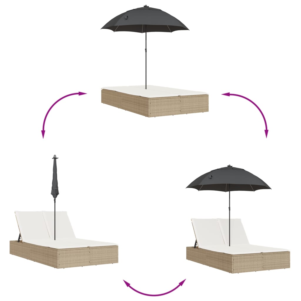 Lettino Prendisole Doppio Cuscini e Parasole Beige Polyrattan - homemem39