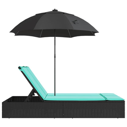 Lettino Prendisole Doppio Cuscini e Parasole Nero in Polyrattan