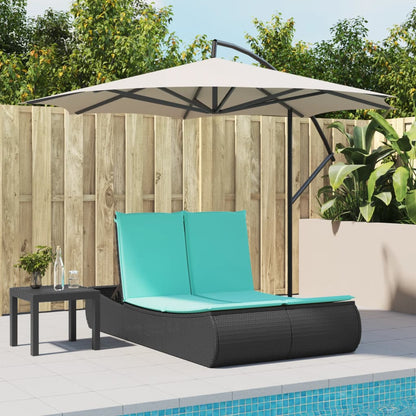 Lettino Prendisole Doppio con Cuscini Nero in Polyrattan
