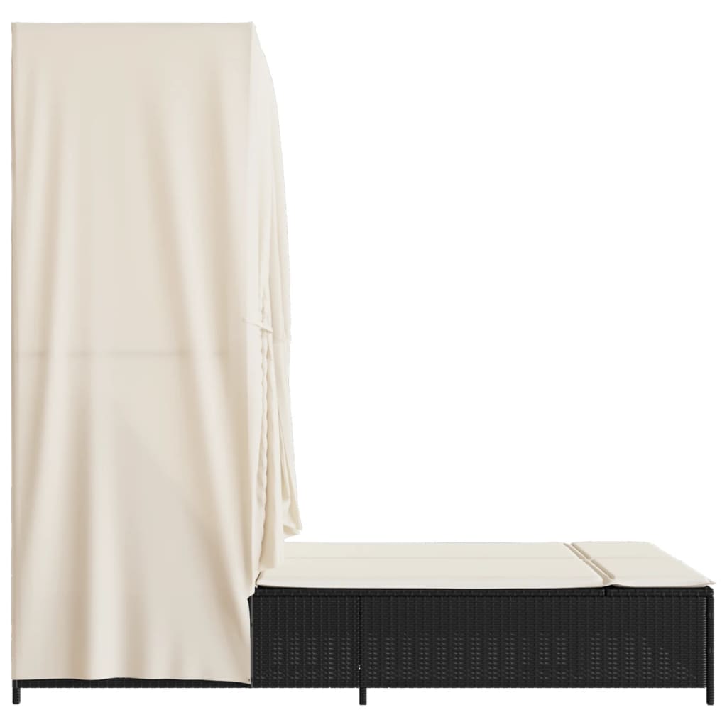 Lettino Prendisole con Tetto e Tende Nero in Polyrattan - homemem39