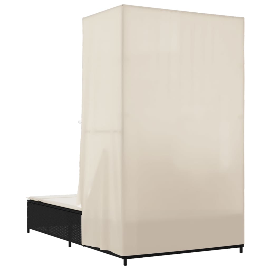 Lettino Prendisole con Tetto e Tende Nero in Polyrattan - homemem39