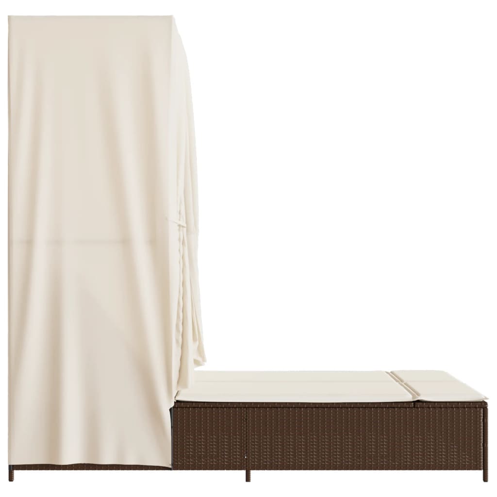 Lettino Prendisole con Tetto e Tende Marrone in Polyrattan - homemem39