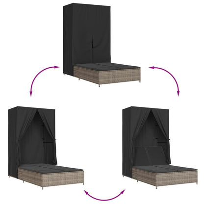 Lettino Prendisole Doppio Tetto e Tende Grigio in Polyrattan - homemem39