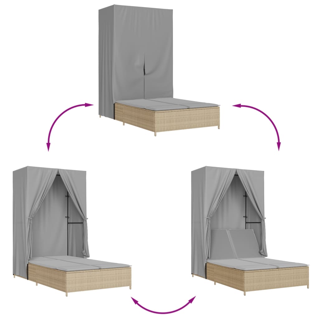 Lettino Prendisole con Tetto e Tende Beige in Polyrattan - homemem39