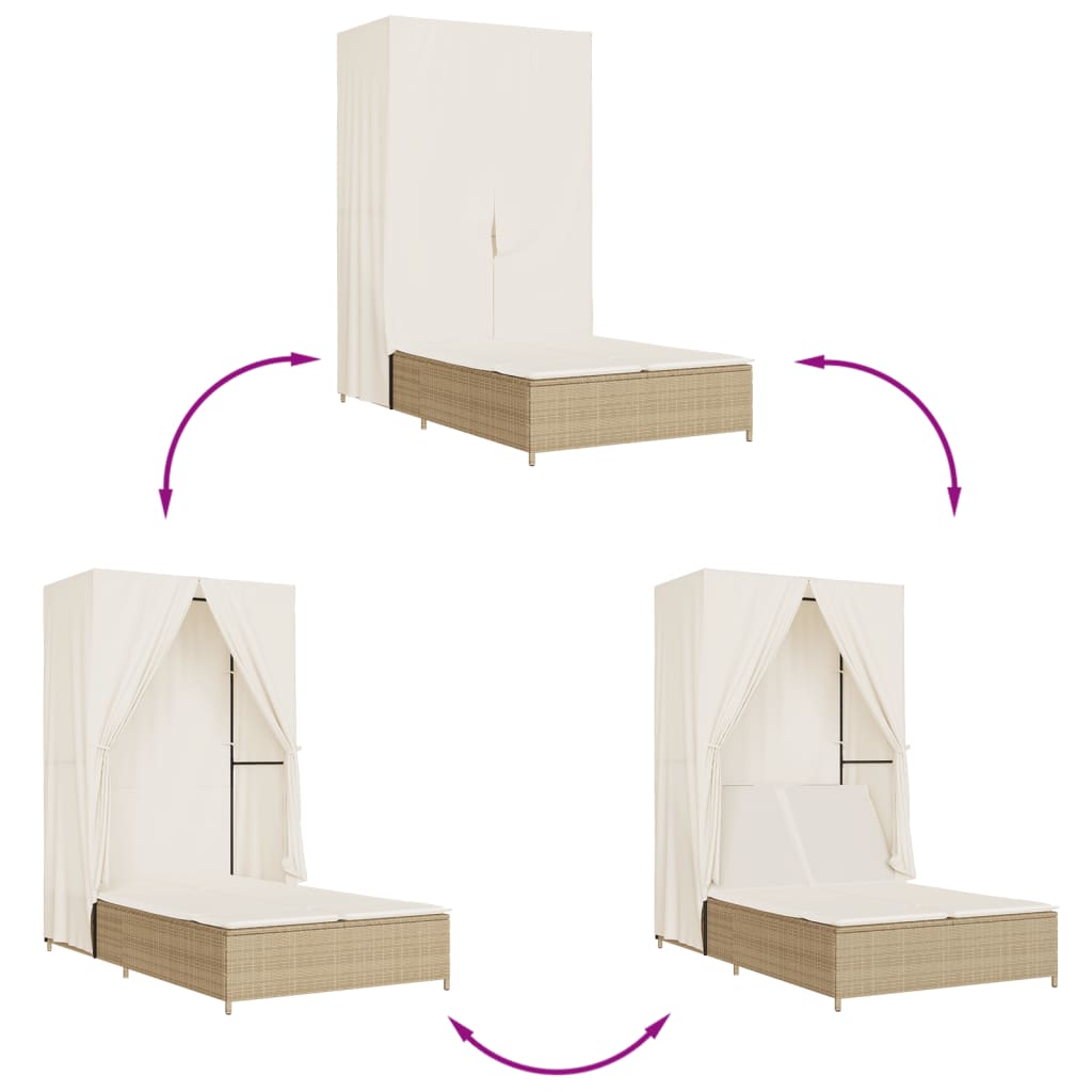 Lettino Prendisole con Tetto e Tende Beige in Polyrattan - homemem39