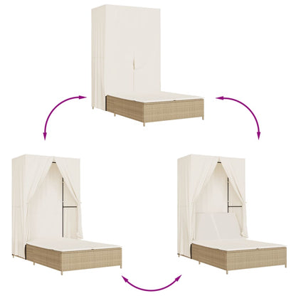 Lettino Prendisole con Tetto e Tende Beige in Polyrattan - homemem39