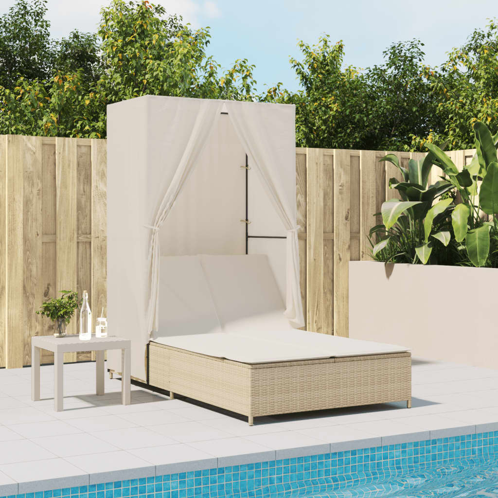Lettino Prendisole con Tetto e Tende Beige in Polyrattan - homemem39