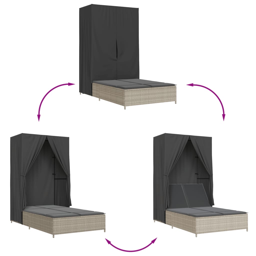 Lettino Prendisole Tetto e Tende Grigio Chiaro in Polyrattan - homemem39