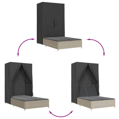 Lettino Prendisole Tetto e Tende Grigio Chiaro in Polyrattan - homemem39