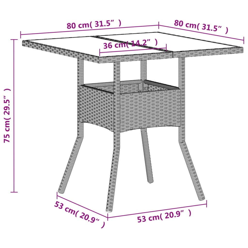 Tavolo Giardino Piano Vetro Grigio Chiaro 80x80x75cm Polyrattan