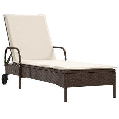 Sun lounger with wheels and cushion in brown polyrattan